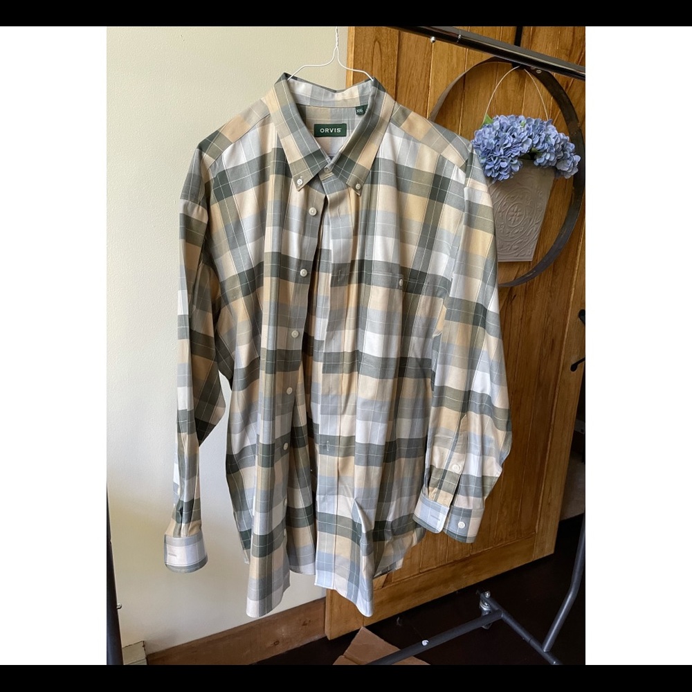 Orvis plaid cotton button down shirt, EUC XXL